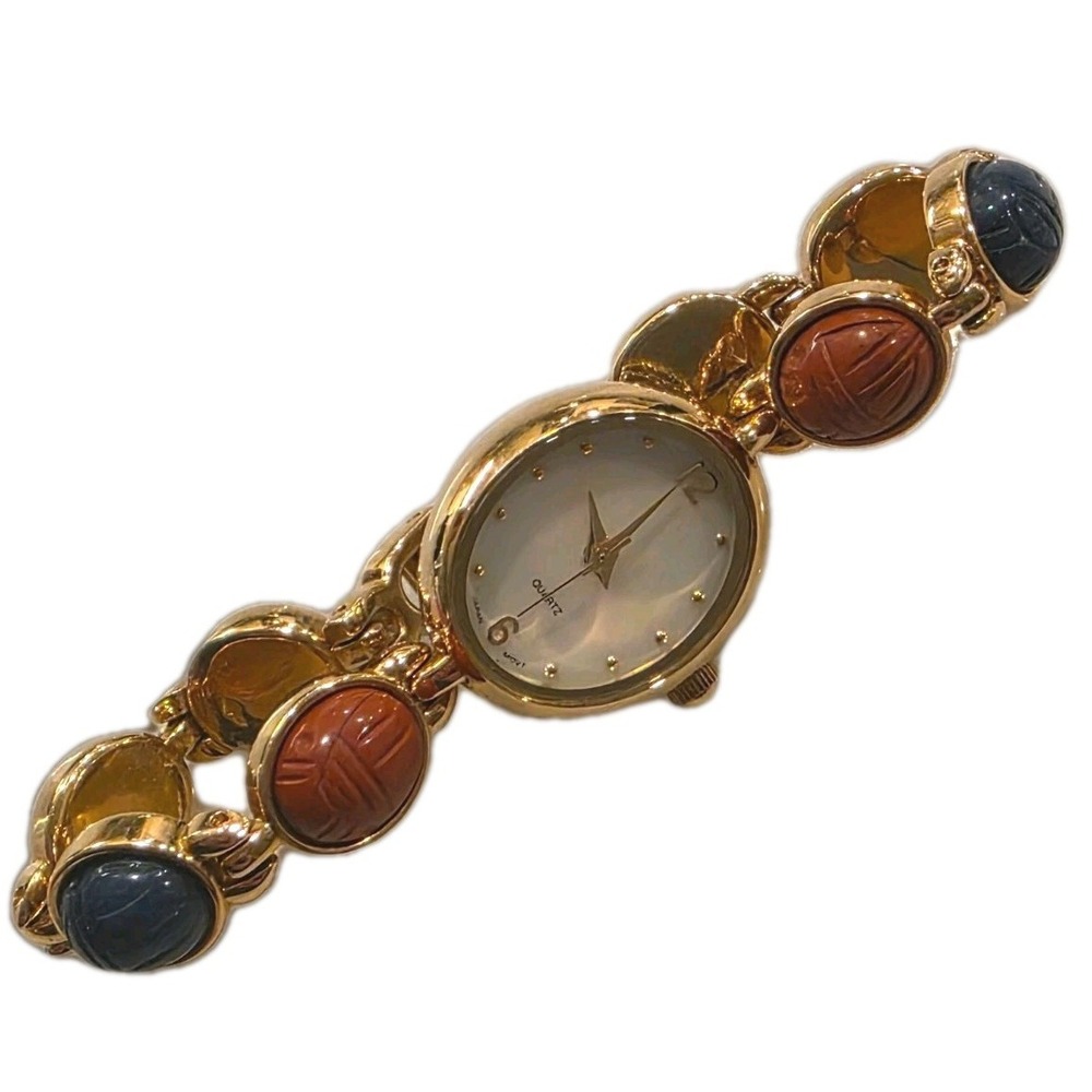 Egyptian Revival Scarab Watch Multi-Stone Mother Of Pearl Small 6in Petite Wrist